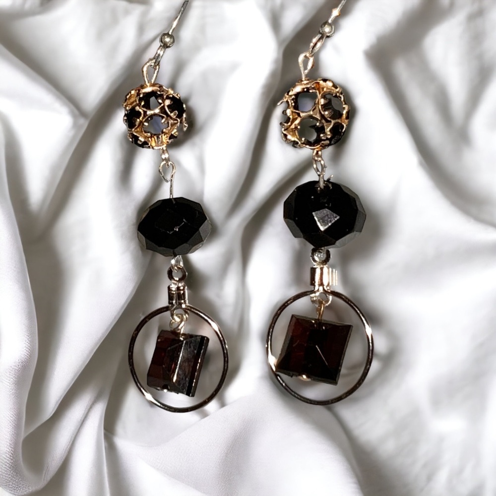 Handmade Swarovski Crystal Elements Drop Dangle with Hoops Earrings Black Garnet